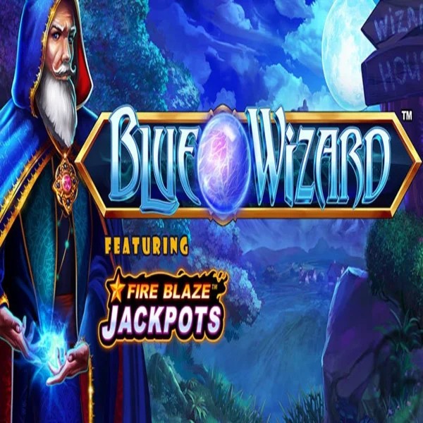 Blue Wizard Fire Blaze Jackpots online game logo by Rarestone Gaming on robocatcasinoo.com