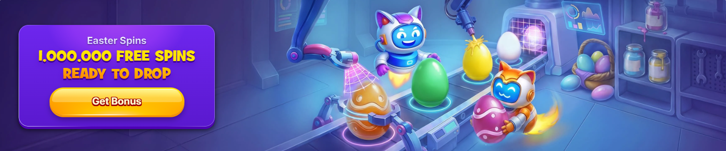 Colorful Easter casino banner featuring robot cat characters in a futuristic workshop decorating giant eggs, with a purple promo box advertising “1,000,000 Free Spins Ready to Drop” and a yellow “Get Bonus” button.