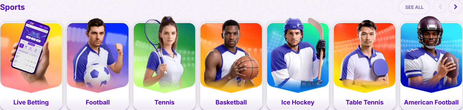 Sports section with colorful category cards featuring athletes and activities such as live betting, football, tennis, basketball, ice hockey, table tennis, and American football, each represented by a player or icon on a gradient background.