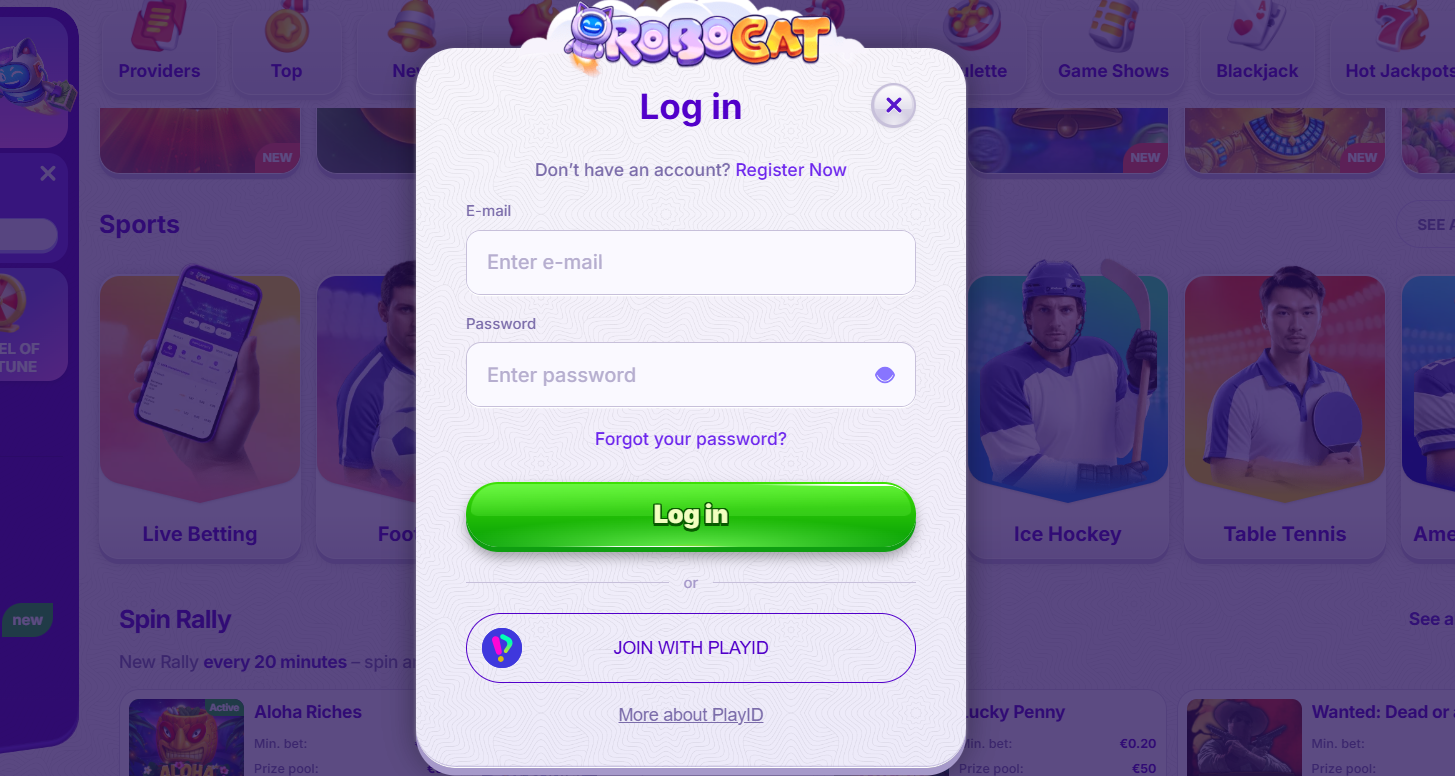 Login popup for RoboCat casino with email and password fields, a bright green “Log in” button, a PlayID sign-in option, and a blurred casino lobby background showing sports and game sections.