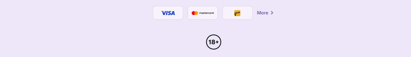 Casino footer with Visa, Mastercard, and Jeton payment icons, a “More” link, and an 18+ age restriction badge on a light background.